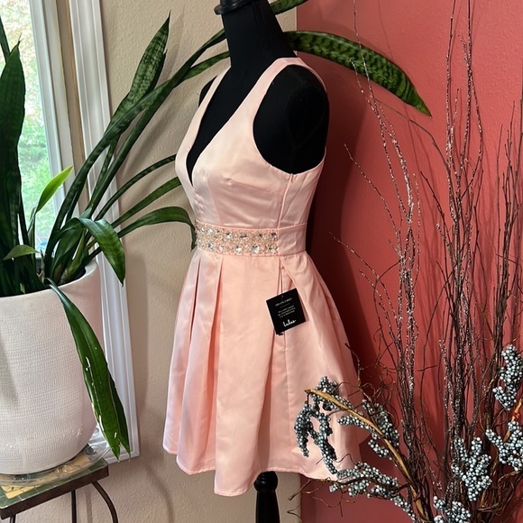 NEW Lulus Satin Light Pink Trendy Skater Dress with Rhinestones - Picture 6 of 15